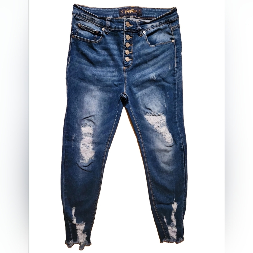Indigo Rein Distressed Jeans Button Fly Medium Wash High Rise Raw Hem Stretch